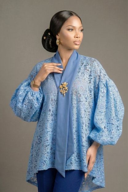 Azure Luxe Lace Draped Top