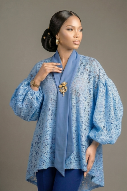 Azure Luxe Lace Draped Top