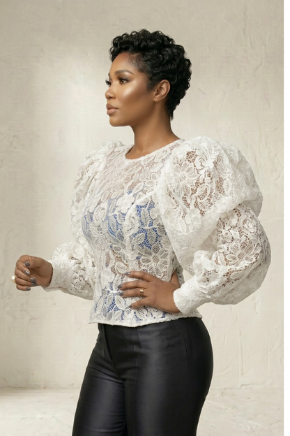 Ivory Regal Lace Puff Sleeve Top