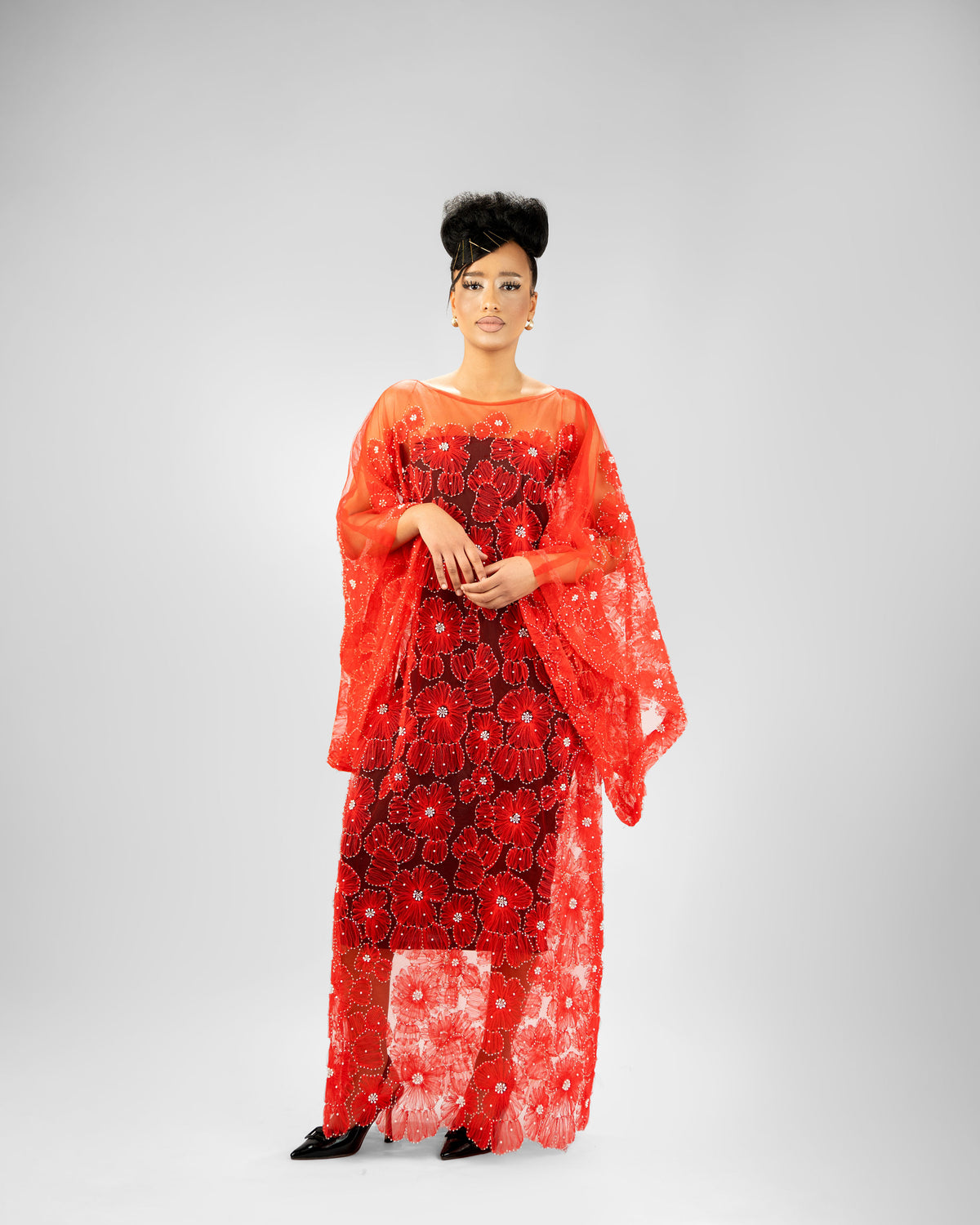 Gallery P6 — Red floral overlay gown (view 3)