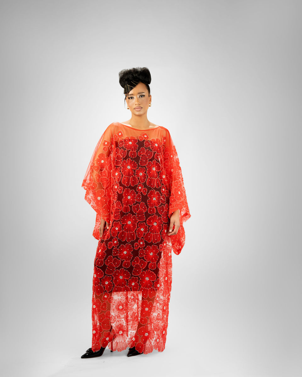 Gallery P6 — Red floral overlay gown (main image)